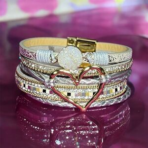 Multilayer Leather Wrap Bracelet Heart-Shaped Bohemian Cuff Silver
